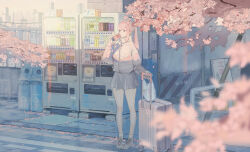 Rule 34 | 1girl, blunt bangs, blurry, building, can, cherry blossoms, commentary request, depth of field, full body, grey skirt, hand up, highres, holding, holding can, jacket, long hair, long sleeves, looking at viewer, original, outdoors, pink eyes, pink jacket, rolling suitcase, shoes, skirt, socks, solo, sora-bakabon, standing, suitcase, trash can, twintails, vending machine, white socks