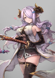 Rule 34 | 10s, 1girl, asymmetrical gloves, belt, black gloves, black thighhighs, blue eyes, braid, breasts, demon horns, draph, elbow gloves, fingerless gloves, gloves, gou (ga673899), granblue fantasy, grey background, hair ornament, hair over one eye, haoni, heart, holding, holding sword, holding weapon, horns, large breasts, light purple hair, long hair, looking at viewer, mismatched gloves, narmaya (granblue fantasy), one eye covered, pointy ears, sheath, sheathed, sheep horns, side braid, sideboob, sidelocks, simple background, single thighhigh, sleeveless, smile, solo, swept bangs, sword, thick thighs, thigh strap, thighhighs, thighs, weapon