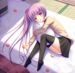 Rule 34 | 1girl, black skirt, black thighhighs, earrings, from above, hair ornament, highres, indoors, jewelry, long hair, lying, hugging object, on side, pillow, pillow hug, pleated skirt, psyche3313, purple eyes, purple hair, school uniform, side ponytail, skirt, solo, sophie (tales), tales of (series), tales of graces, thighhighs