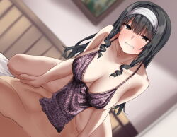 Rule 34 | 1girl, bare shoulders, black hair, blunt bangs, blush, breasts, brown eyes, cleavage, clenched teeth, collarbone, commentary request, covered penetration, cowgirl position, dress, girl on top, hairband, hetero, highres, implied sex, indoors, jack dempa, large breasts, long hair, natsukawa kuroba, original, pelvic curtain, purple dress, sex, solo focus, straddling, teeth, wavy mouth, white hairband, wince