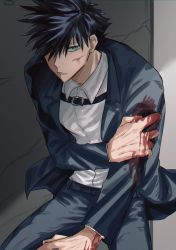 Rule 34 | 1boy, belt, black hair, bleeding, blood, blood on clothes, blood on hands, blue jacket, blue pants, chest harness, closed mouth, cuts, dress shirt, formal, fushiguro megumi, fushirun rung, green eyes, hair over one eye, hand on own arm, harness, highres, injury, jacket, jujutsu kaisen, korean commentary, long sleeves, looking at viewer, male focus, pants, shirt, short hair, sitting, solo, spiked hair, white shirt
