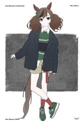 Rule 34 | 1girl, acubi tomaranai, alternate costume, animal ears, arm at side, artist logo, black coat, brown hair, brown shorts, character name, closed mouth, coat, collared shirt, copyright name, dot nose, ear covers, fashion, full body, green eyes, green footwear, green sweater, heel up, highres, horse ears, horse girl, horse tail, long sleeves, looking at viewer, medium hair, multicolored hair, new balance, nice nature (umamusume), open clothes, open coat, product placement, red footwear, shirt, shoes, shorts, sneakers, socks, solo, streaked hair, sweater, tail, twintails, umamusume, white shirt