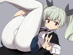 Rule 34 | 10s, 1girl, anchovy (girls und panzer), ass, blush, brown eyes, commentary request, drill hair, girls und panzer, glastonbury1966, green hair, grin, hair ribbon, legs up, long hair, long sleeves, looking at viewer, lying, necktie, on back, pantyhose, ribbon, shirt, sitting, skirt, smile, solo, twin drills, twintails, uniform, v, white pantyhose