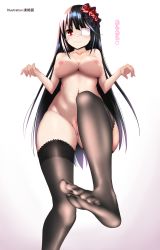 Rule 34 | 1girl, absurdres, ass, black hair, breasts, cleft of venus, commentary, date a live, english commentary, eyepatch, feet, flower, from below, hair flower, hair ornament, highres, incro300, leg up, lolita fashion, long hair, medium breasts, navel, nipples, no shoes, nude, pussy, red eyes, smile, solo, standing, standing on one leg, thighhighs, thighs, toes, tokisaki kurumi, uncensored, very long hair