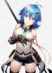 Rule 34 | &gt;:), 1girl, antenna hair, arm behind back, arm strap, bare shoulders, belt, belt buckle, black panties, black shorts, blue eyes, blue hair, blue necktie, blush, breasts, brown thighhighs, buckle, closed mouth, cowboy shot, gauntlets, hair ornament, holding, holding weapon, kyoeiki, looking at viewer, medium breasts, medium hair, necktie, original, panties, polearm, pouch, shirt, short shorts, shorts, sideboob, slit pupils, smile, solo, thighhighs, thong, underwear, v-shaped eyebrows, waist cape, weapon, white shirt
