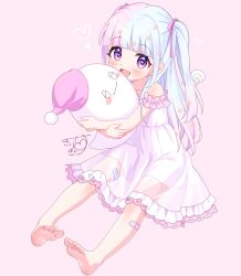 Rule 34 | :d, bandaid, bare legs, bare shoulders, barefoot, blue hair, blush, child, dress, euphoniummatsu, fanged bangs, frilled dress, frills, hair ornament, hair ribbon, happy, heart, heart-shaped pupils, highres, holding, holding stuffed toy, hugging object, indie virtual youtuber, legs apart, long hair, looking at viewer, multicolored hair, nightgown, open mouth, pink background, pink hair, pink ribbon, purple eyes, ribbon, see-through, signature, simple background, sitting, sleeveless, sleeveless dress, smile, soles, star (symbol), star hair ornament, straight hair, stuffed toy, symbol-shaped pupils, two-tone hair, two side up, virtual youtuber, white dress, yume miru