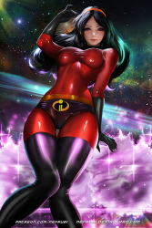 Rule 34 | 1girl, aged up, bodysuit, breasts, cleavage, female focus, gloves, latex, latex gloves, latex legwear, latex suit, looking at viewer, nefrubi, shiny clothes, skin tight, the incredibles, violet parr