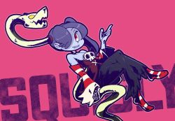Rule 34 | 1girl, blue hair, blue skin, character name, colored skin, dress, hair over one eye, hand up, crossed legs, leviathan (skullgirls), long sleeves, neko mata g, purple background, red eyes, side ponytail, sitting, skeletal arm, skullgirls, smile, solo, squigly (skullgirls), stitched mouth, stitches, striped sleeves, zombie