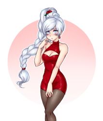 Rule 34 | 1girl, bare arms, bare shoulders, blue eyes, blush, braid, braided ponytail, breasts, cleavage, cleavage cutout, clothing cutout, dojipan, dress, earrings, jewelry, long hair, looking at viewer, medium breasts, open mouth, pantyhose, ponytail, red dress, rwby, scar, scar across eye, scar on face, short dress, side ponytail, sleeveless, sleeveless dress, solo, weiss schnee, white hair