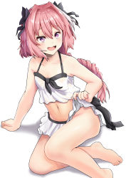 Rule 34 | 1boy, absurdres, astolfo (fate), bare arms, bare shoulders, barefoot, bikini, bikini skirt, black bow, blush, bow, braid, collarbone, commentary request, fate/grand order, fate (series), feet, hair between eyes, hair ribbon, highres, jtleeklm, long hair, looking at viewer, male focus, multicolored hair, navel, official alternate costume, pink hair, purple eyes, ribbon, simple background, single braid, sitting, smile, solo, streaked hair, swimsuit, thighs, toes, trap, white background, white bikini, white hair