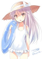 Rule 34 | blush, bow, brown hat, cowboy shot, hair between eyes, hat, hat bow, highres, hizaka, holding, holding swim ring, innertube, kantai collection, kikuzuki (kancolle), long hair, looking at viewer, narrow waist, one-hour drawing challenge, one-piece swimsuit, open mouth, parted bangs, red eyes, silver hair, simple background, standing, straw hat, swim ring, swimsuit, white background, white bow, white one-piece swimsuit