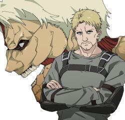 Rule 34 | 2boys, armored titan, beard, blank eyes, blonde hair, buckle, closed mouth, collar, crossed arms, dual persona, facial hair, frown, grey eyes, grey shirt, highres, long sleeves, looking at viewer, male focus, mature male, momomatang, multiple boys, mustache, reiner braun, shingeki no kyojin, shirt, short bangs, short hair, simple background, stubble, teeth, titan (shingeki no kyojin), upper body, white background, yellow eyes