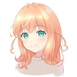 Rule 34 | 1girl, aqua eyes, blush, brown sweater, closed mouth, cropped torso, crossed bangs, highres, hinoshita kaho, link! like! love live!, looking at viewer, love live!, medium hair, orange hair, simple background, smile, solo, split mouth, sweater, two side up, virtual youtuber, white background, yutuki ame