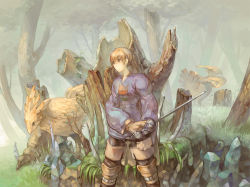 Rule 34 | 1boy, ahoge, armor, blonde hair, brown eyes, chocobo, final fantasy, final fantasy tactics, forest, gloves, knight, male focus, nature, ponytail, ramza beoulve, rapier, solo, sword, tree, wadanaka, weapon