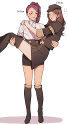 Rule 34 | 2girls, black headwear, blush, boots, braid, breasts, brown hair, carrying, commentary request, dorothea arnault, facial mark, fire emblem, fire emblem: three houses, full body, garreg mach monastery uniform, green eyes, hair pulled back, hat, height difference, highres, ikarin, long hair, multiple girls, nintendo, petra macneary, princess carry, purple hair, simple background, standing, thigh boots, thighhighs, white background, yuri