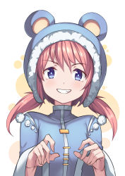 Rule 34 | 1girl, :d, animal ears, animal hood, bear ears, bear hood, blue eyes, blue jacket, detached hood, fake animal ears, fang, fur-trimmed hood, fur trim, grin, hair between eyes, hands up, hood, hood up, jacket, long hair, long sleeves, looking at viewer, low twintails, nieve (rabi ribi), official art, open mouth, pom pom (clothes), rabi-ribi, red hair, saiste, simple background, smile, solo, twintails, upper body, v-shaped eyebrows, wide sleeves