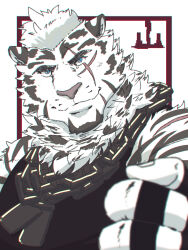 Rule 34 | 1boy, animal ears, arknights, bara, black tank top, chain necklace, character name, facial hair, furry, furry male, goatee, highres, jewelry, large pectorals, looking at viewer, looking to the side, male focus, mountain (arknights), muscular, muscular male, necklace, outstretched arm, pectorals, run aki, scar, scar across eye, short hair, smile, solo, tank top, thick eyebrows, tiger boy, tiger ears, upper body, white hair