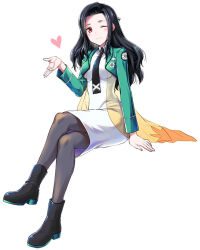 Rule 34 | 1girl, ;), arm support, black footwear, black hair, black necktie, black pantyhose, blush, boots, dress, full body, green jacket, heart, invisible chair, jacket, long hair, looking at viewer, mahouka koukou no rettousei, necktie, one eye closed, open clothes, open jacket, pantyhose, red eyes, saegusa mayumi, see-through, short dress, simple background, sitting, smile, solo, uniform, white background, white dress, yuzuki n dash
