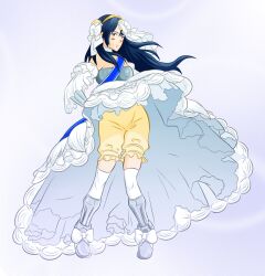 Rule 34 | 1girl, absurdres, armpits, bare shoulders, bloomers, blue eyes, blue hair, blush, boots, breasts, bridal veil, choker, collarbone, detached sleeves, dress, eyelashes, female focus, fire emblem, fire emblem awakening, floating hair, footwear bow, footwear ribbon, frilled dress, frilled sleeves, frills, full body, gradient background, hair between eyes, hair ornament, highres, intelligent systems, legs, light smile, long dress, long hair, looking at viewer, looking to the side, lucina (fire emblem), matching hair/eyes, neck, nintendo, no bra, parted bangs, parted lips, pigeon-toed, sidelocks, silver footwear, sleeveless, small breasts, socks, standing, strapless, strapless dress, thefetishism, thighhighs, thighs, tiara, tiptoes, underwear, upskirt, veil, wedding dress, white choker, white dress, white thighhighs, wind, wind lift, yellow bloomers