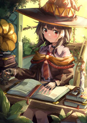 Rule 34 | 1girl, absurdres, bat wings, belt, belt buckle, black belt, black cat, black cloak, black gloves, black hat, blush, book, book stack, bookmark, breasts, brown hair, buckle, candle, cat, chair, check commentary, chinese commentary, chomusuke, cloak, closed mouth, commentary, commentary request, day, desk, diagonal-striped clothes, diagonal-striped necktie, dress, fingerless gloves, foliage, gloves, hat, highres, indoors, kitten, kono subarashii sekai ni bakuen wo!, kono subarashii sekai ni shukufuku wo!, light smile, looking at animal, megumin, mixed-language commentary, necktie, on chair, open book, orange necktie, phonograph, pink dress, plant, reading, red eyes, red necktie, red prison magic school uniform, school uniform, sdftehn, short hair, short hair with long locks, sitting, small breasts, smile, solo, striped clothes, vines, wax, window, wings, witch hat, yellow eyes