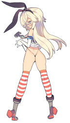 Rule 34 | 10s, 1girl, anchor, ass, blade (galaxist), blonde hair, boots, brown eyes, elbow gloves, gloves, grey footwear, hair ribbon, kantai collection, long hair, looking back, no pants, panties, panty tug, ribbon, shimakaze (kancolle), socks, solo, standing, striped clothes, striped socks, striped thighhighs, thighhighs, thong, underwear, wedgie