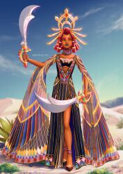 Rule 34 | 1girl, alternate costume, blue lips, blue sky, blunt bangs, circlet, closed mouth, clothing cutout, dessert, dual wielding, eyeshadow, fashion, feather print, flat chest, food, gerudo, green eyes, headpiece, highres, holding, holding sword, holding weapon, looking to the side, lotus print, makeup, nintendo, painting ren, pointy ears, red hair, riju, scimitar, short hair, side cutout, sideways glance, skinny, skirt cutout, sky, solo, sword, the legend of zelda, the legend of zelda: tears of the kingdom, tribal print, v-neck, weapon