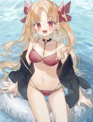 Rule 34 | 1girl, bikini, black choker, black jacket, blonde hair, blush, breasts, buoy, chibirisu, choker, cleavage, ereshkigal (fate), fate/grand order, fate (series), hair ornament, highres, jacket, long hair, looking at viewer, medium breasts, open clothes, open jacket, open mouth, partially submerged, red bikini, red eyes, sitting, smile, solo, swimsuit, twintails, water
