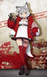 Rule 34 | 1girl, absurdres, animal ear fluff, animal ears, boots, choker, closed mouth, collarbone, copyright request, dress, fox ears, fox tail, frilled dress, frills, full body, hand in pocket, hand up, highres, jacket, long sleeves, looking at viewer, medium hair, red jacket, red thighhighs, sidelocks, smile, solo, standing, tail, thigh strap, thighhighs, thighs, white dress, yuu (higashi no penguin)