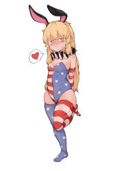 Rule 34 | 1girl, absurdres, american flag legwear, animal ears, arms behind back, bad id, bad pixiv id, bare shoulders, blonde hair, blush, breasts, cleavage, clownpiece, colored eyelashes, elbow gloves, fake animal ears, full body, gloves, heart, highres, leotard, long hair, looking at viewer, neck ruff, no wings, pink eyes, playboy bunny, rabbit ears, short eyebrows, simple background, skindentation, small breasts, solo, soya6479, spoken heart, standing, standing on one leg, star (symbol), star print, striped, sweat, thick eyebrows, thick thighs, thighhighs, thighs, touhou, very long hair, white background