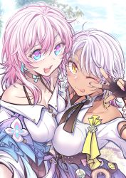 Rule 34 | 2girls, :d, black gloves, blue sky, breasts, carole peppers, cleavage, closed mouth, dark-skinned female, dark skin, fei luo mao, fingerless gloves, gloves, highres, honkai: star rail, honkai (series), honkai impact 3rd, jacket, long hair, looking at viewer, march 7th (honkai: star rail), medium skirt, multiple girls, nail polish, one eye closed, open mouth, outdoors, pink eyes, pink hair, pink nails, shirt, skirt, sky, smile, tied jacket, tongue, tongue out, v, v over eye, white hair, white shirt, yellow eyes