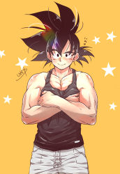Rule 34 | 1boy, bara, black hair, black tank top, blush, closed mouth, covering privates, covering chest, dragon ball, dragon ball super, grey pants, highres, large pectorals, looking at viewer, male focus, muscular, muscular male, pants, pectorals, saiyan, shipa, short hair, smile, solo, son goku, spiked hair, tank top