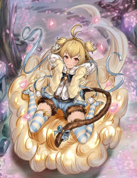 Rule 34 | 10s, 1girl, absurdres, andira (granblue fantasy), animal ears, antenna hair, arms up, bad id, bad pixiv id, barefoot, beads, belt, blonde hair, blue ribbon, blue shorts, cherry blossoms, cleavage cutout, closed mouth, clothing cutout, cloud, cutoffs, denim, denim shorts, earrings, erune, flat chest, floating, flying nimbus, full body, fur collar, fur trim, granblue fantasy, hairband, heart, highres, horizontal-striped legwear, jacket, jewelry, keita (kta0), long sleeves, looking at viewer, monkey ears, monkey tail, open clothes, open jacket, path, petals, pom pom (clothes), red eyes, ribbon, road, short shorts, shorts, sitting, smile, solo, stone lantern, striped clothes, striped legwear, striped thighhighs, tail, tail ornament, tail ribbon, thick thighs, thighhighs, thighs, toeless legwear, toes, two side up, wariza, yellow jacket