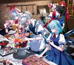 Rule 34 | 5girls, alternate costume, alternate hairstyle, apron, aqua hair, back bow, bat wings, black pants, black shirt, blonde hair, blue eyes, blue skirt, blue vest, blunt bangs, blunt ends, book, bow, bowl, braid, brick wall, cake, candy, checkered floor, chinese clothes, cirno, closed mouth, collared shirt, commentary request, cooking, cooking pot, crystal wings, dress, eating, fire, flandre scarlet, food, frilled apron, frilled bow, frilled sleeves, frilled wrist cuffs, frills, fruit, frying pan, full body, gold trim, green dress, green headwear, grey hair, hair between eyes, hair bow, hair ornament, hairclip, hat, hat bow, highres, holding, holding bowl, holding candy, holding food, hong meiling, ice, ice wings, indoors, izayoi sakuya, ketchup bottle, kitchen, ladle, leaning forward, long hair, long sleeves, looking at another, looking at object, looking down, maid headdress, mixer (cooking), mixing, mixing bowl, mob cap, multiple girls, mustard bottle, neck ribbon, nubezon, open book, orange apron, pants, pinafore dress, pink dress, pink headwear, plate, puffy short sleeves, puffy sleeves, raspberry, red bow, red eyes, red hair, red ribbon, remilia scarlet, ribbon, shirt, short hair, short sleeves, skirt, skirt set, sleeve garter, sleeveless, sleeveless dress, soup ladle, standing, strawberry, table, touhou, twin braids, vest, waist apron, white apron, white bow, white headwear, window, wings, wrist cuffs