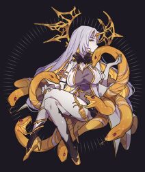 Rule 34 | 1girl, animal, bodysuit, breasts, clothing cutout, fire emblem, fire emblem heroes, forehead jewel, giant snake, gold horns, gold trim, grey bodysuit, gullveig (fire emblem), haconeri, horns, large breasts, looking at viewer, nintendo, oversized animal, pale skin, single horn, snake, snake hair, thigh cutout, yellow horns
