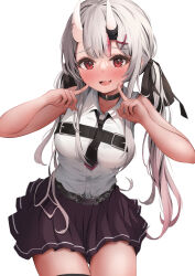 Rule 34 | 1girl, absurdres, bare arms, bare shoulders, belt, black choker, black necktie, black ribbon, black skirt, black thighhighs, blush, breasts, chest belt, choker, collared shirt, cowboy shot, embarrassed, fangs, fingers to cheeks, gradient hair, grey hair, hair ornament, hair ribbon, hairclip, highres, hololive, horns, impossible clothes, impossible shirt, index fingers raised, long hair, looking at viewer, low twintails, medium breasts, miniskirt, multicolored hair, nakiri ayame, nakiri ayame (streetwear), necktie, official alternate hairstyle, pleated skirt, pointing, pointing at self, red eyes, red hair, ribbon, shirt, sidelocks, skin-covered horns, skin fangs, skirt, sleeveless, sleeveless shirt, solo, streaked hair, taut clothes, taut shirt, thighhighs, tie clip, twintails, ume (umedayooo), virtual youtuber, w arms, white shirt, x hair ornament