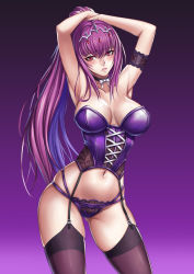 Rule 34 | 1girl, absurdres, arm strap, armpits, arms up, bare shoulders, black choker, black thighhighs, blue hair, blush, breasts, bustier, choker, commentary request, contrapposto, cowboy shot, cross-laced clothes, fate/grand order, fate (series), garter straps, gluteal fold, gradient background, hair between eyes, hairdressing, high ponytail, highres, large breasts, long hair, looking at viewer, multicolored hair, navel, panties, parted lips, purple background, purple hair, purple panties, red eyes, red lips, ribbon, scathach (fate), scathach skadi (fate), skindentation, solo, thighhighs, tiara, tsurime, two-tone hair, tying hair, underwear, underwear only, very long hair, white ribbon, xiao gen