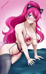 Rule 34 | 1girl, absurdres, animal ears, blue eyes, blush, breasts, cat ears, fairy tail, flatpancakesjim, garter straps, highres, large breasts, leaning, lingerie, long hair, nipples covered, one eye closed, pink hair, ponytail, revealing clothes, ribbon, seductive smile, see-through, see-through legwear, sherry blendy, simple background, smile, solo, underwear, underwear only, wink