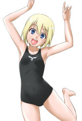 Rule 34 | 1girl, :d, armpits, arms up, barefoot, blonde hair, blue eyes, blush, erica hartmann, mayo chiki!, one-piece swimsuit, open mouth, parody, sakamachi kureha, short hair, smile, solo, standing, standing on one leg, strike witches, swimsuit, world witches series, youkan