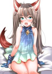 Rule 34 | 1girl, animal ears, bed, blue eyes, blush, brown hair, dog ears, dress, elin, fangs, gloves, long hair, mojarin (kihara mojarin), open mouth, short dress, simple background, sitting, sleeveless, sleeveless dress, solo, tail, tera online, twintails, very long hair, white background