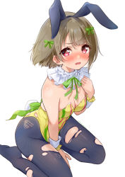 Rule 34 | 1girl, :p, artist name, artist request, back bow, bare shoulders, black legwear, blush, bow, breasts, brown hair, cleavage, collarbone, detached collar, embarrassed, female focus, floating hair, frilled cuffs, green bow, green ribbon, grey hair, hair bow, leotard, light brown hair, looking at viewer, love live!, love live! nijigasaki high school idol club, medium breasts, nail, nail polish, nakasu kasumi, neck ribbon, no shoes, parted lips, pink eyes, pink nails, playboy bunny, purple eyes, rabbit ears, rabbit tail, ribbon, short hair, sitting, smile, solo, tongue, tongue out, torn clothes, torn legwear, torn leotard, wavy mouth, white background, white detached collar, white wrist cuffs, wrist cuffs, yellow leotard