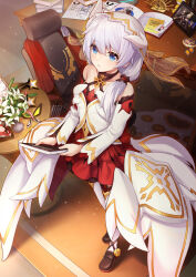 Rule 34 | 1girl, absurdres, bare shoulders, blue eyes, brown footwear, chair, commentary request, detached sleeves, dress, flower, full body, grey hair, hair between eyes, hair over shoulder, highres, holding, honkai (series), honkai impact 3rd, horns, indoors, long hair, long sleeves, low twintails, office chair, parted lips, pointy ears, red dress, see-through, shoes, solo, standing, swivel chair, table, theresa apocalypse, theresa apocalypse (celestial hymn), thighhighs, twintails, veil, white flower, white sleeves, white thighhighs, wide sleeves, yiduan zhu