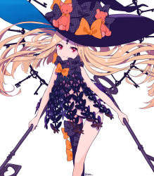 Rule 34 | 1girl, abigail williams (fate), abigail williams (second ascension) (fate), asymmetrical legwear, black bow, black hat, black panties, black thighhighs, blonde hair, bow, closed mouth, commentary request, fate/grand order, fate (series), feet out of frame, hat, hat bow, head tilt, highres, holding, holding key, key, keyhole, kise (swimmt), long hair, orange bow, oversized object, panties, parted bangs, red eyes, revealing clothes, signature, simple background, single thighhigh, smile, solo, stuffed animal, stuffed toy, teddy bear, thighhighs, topless, underwear, uneven legwear, very long hair, white background, witch hat
