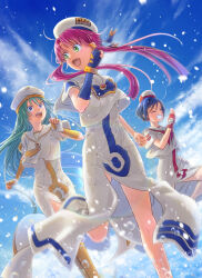 Rule 34 | 3girls, aika granzchesta, alice carroll, aqua hair, aria (manga), aria company uniform, artist name, beret, blue bow, blue bowtie, blue eyes, blue gloves, blue hair, blue ribbon, blue sky, bow, bowtie, bracelet, breasts, closed eyes, cloud, cloudy sky, day, dress, dutch angle, earrings, fingerless gloves, foot out of frame, gloves, gold necktie, gold trim, green eyes, hair between eyes, hair ornament, hair tubes, hand up, hat, hat ribbon, highres, himeya company uniform, jewelry, koorogi (kijinabe to kitsunedon), legs, long dress, long hair, looking at another, looking back, medium breasts, mizunashi akari, multiple girls, open mouth, orange planet uniform, parted bangs, pink hair, print dress, red bow, red bowtie, red headwear, ribbon, running, sailor collar, short hair, short hair with long locks, short sleeves, side slit, sidelocks, signature, single glove, sky, small breasts, splashing, standing, standing on one leg, teeth, thighs, two-tone headwear, upper teeth only, white dress, white headwear, x hair ornament