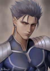 Rule 34 | 1boy, armor, blue hair, closed mouth, cu chulainn (fate), earrings, fate/stay night, fate (series), highres, jewelry, cu chulainn (fate/stay night), lips, looking at viewer, male focus, ponytail, red eyes, shoulder armor, signature, solo, spiked hair, type-moon, yagitome87