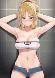 Rule 34 | 1girl, armpits, arms behind back, arms up, bare arms, bare shoulders, blonde hair, blush, breasts, cleavage, collarbone, cowboy shot, denim, denim shorts, fate/apocrypha, fate (series), frown, green eyes, grey background, groin, hair ornament, hair scrunchie, highres, large breasts, long hair, looking at viewer, mordred (fate), mordred (fate/apocrypha), navel, open clothes, open shorts, red scrunchie, scrunchie, shorts, solo, standing, stomach, sweat, try (lsc)