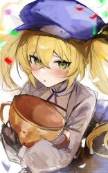 Rule 34 | 1girl, blonde hair, blue dress, blue hat, blue ribbon, blush, closed mouth, commentary, dokibird (vtuber), dokuro deluxe, dress, green eyes, hair between eyes, hat, highres, holding, holding trophy, indie virtual youtuber, long hair, long sleeves, looking at viewer, neck ribbon, ribbon, solo, symbol-only commentary, trophy, twintails, upper body, virtual youtuber