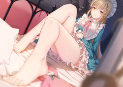 Rule 34 | 1girl, bare legs, barefoot, bed, blonde hair, blurry, blurry foreground, blush, bow, braid, brick wall, rabbit, close-up, clothes lift, dutch angle, eine (virtuareal), feet, full body, headdress, highres, legs, lifted by self, lolita fashion, long hair, looking at viewer, nijisanji, orange eyes, pillow, ribbon, sitting, skirt, skirt lift, smile, soles, stuffed toy, toes, virtual youtuber, virtuareal, xiao ren