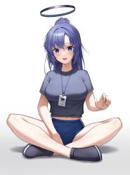 Rule 34 | 1girl, absurdres, blue archive, blue buruma, blue eyes, blue hair, blush, breasts, buruma, chun bae, hair between eyes, halo, highres, id card, indian style, lanyard, long hair, looking at viewer, medium breasts, midriff peek, navel, open mouth, ponytail, short sleeves, simple background, sitting, smile, solo, star sticker, sticker on face, white background, yuuka (blue archive), yuuka (track) (blue archive)