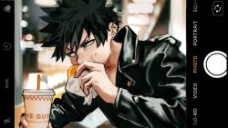 Rule 34 | 1boy, black hair, blue eyes, boku no hero academia, burger, cellphone, commentary, dabi (boku no hero academia), drink, drinking straw, ear piercing, earrings, eating, english commentary, five guys burgers and fries, food, highres, holding, holding drink, holding food, iphone, jacket, jewelry, leather, leather jacket, male focus, phone, piercing, sharl0ck, smartphone, solo, spiked hair, stud earrings, user interface