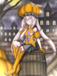 Rule 34 | alternate costume, bare tree, barrel, blue eyes, blush, boots, building, fate/grand order, fate (series), finger to mouth, gloves, halloween, hat, large hat, marie antoinette (fate), moon, pumpkin, sitting, skirt, suigyokun, tree, twintails
